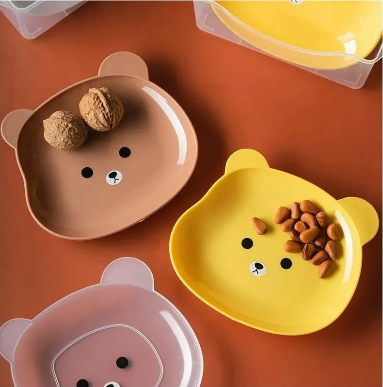 8-piece cartoon bear shape dessert plates set with storage stand β food-grade plastic for kids