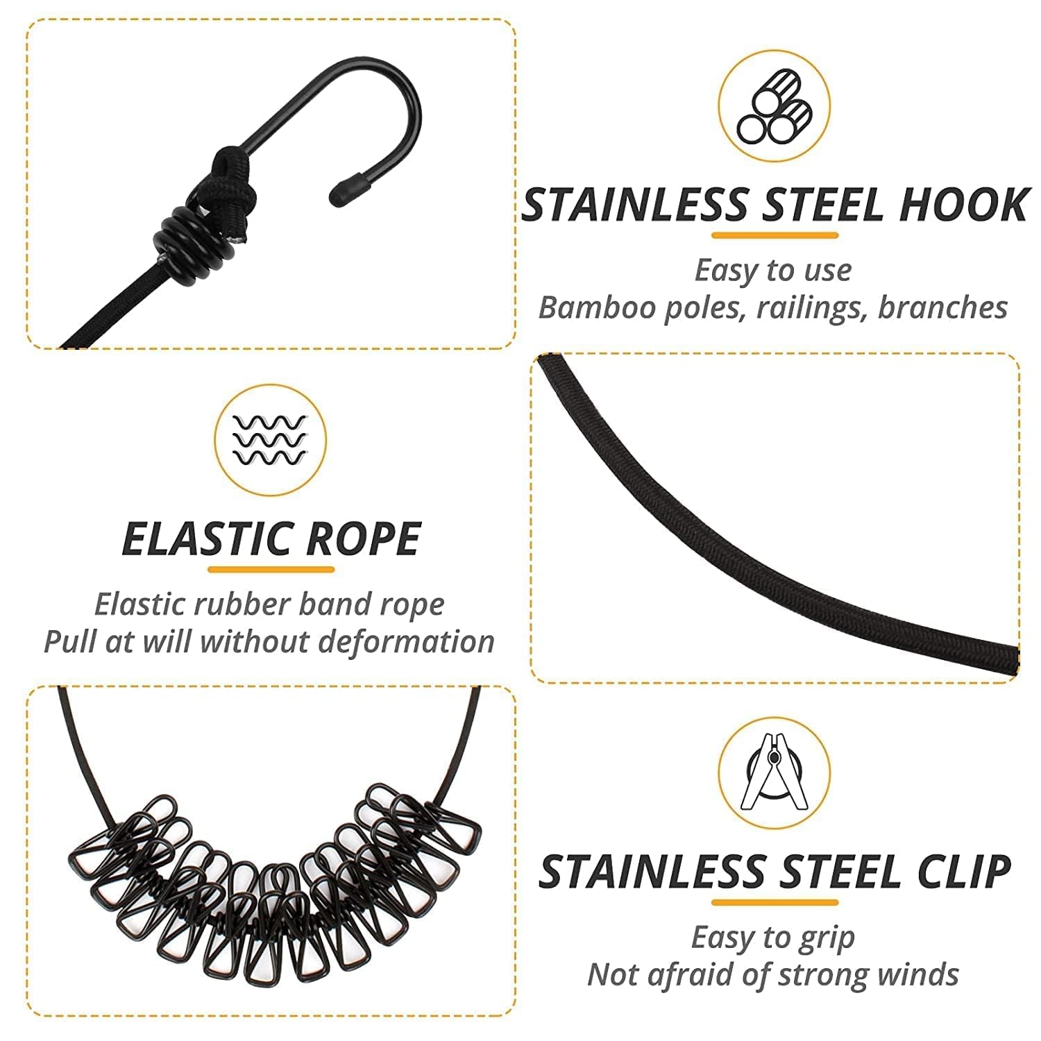 Elastic Clothesline Rope with Clips