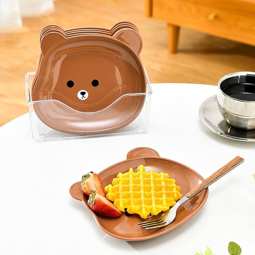 8-piece cartoon bear shape dessert plates set with storage stand β food-grade plastic for kids